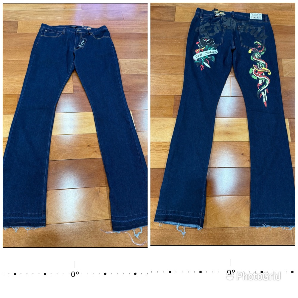NWT Ed Hardy Jeans Mens Dark Blue Tattoo Graphic Flare Raw Hem 34
